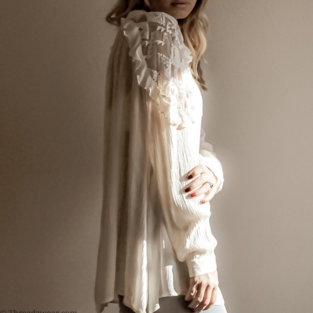 SOLID OFF WHITE RUFFLE LACE SHOULDER LONG SLEEVES TOP BLOUSE - Picture 7 of 8